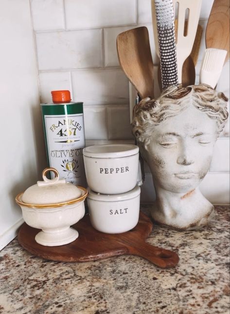 Ways to style your Kitchen Counter Ideas. Grecian Bust Planter used for kitchen utensils. Corner Kitchen Counter Display. #kitchen #kitchentips #kitchendiy #kitcheninspiration Corner Kitchen Counter, Kitchen Corner Decor, Kitchen Counter Display, Home Projects On A Budget, Kitchen Counter Ideas, Bust Planter, Counter Ideas, Display Kitchen, Recipes For Entertaining