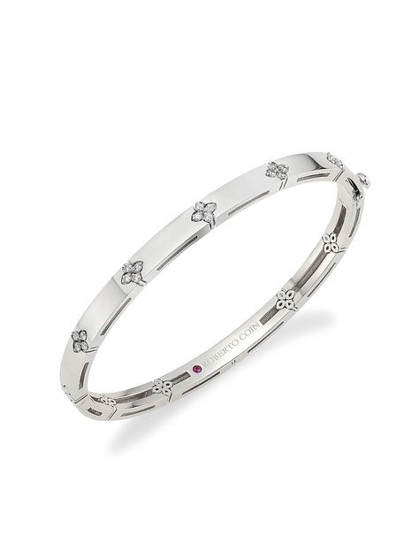 Shop Roberto Coin Women's Love In Verona 18k White Gold & Diamond Bangle Bracelet from 350+ stores, starting at $5900. Similar ones also available. On SALE now! From the Love In Verona Collection. Timelessly sophisticated and unendingly versatile satin-finish gold bangle adorned with the four-petaled floral motif repeated in diamonds and engraving, including on the back. as a reminder of each woman's inner beauty. Roberto Coin signs each piece with a single ruby placed in a hidden position. ... Roberto Coin Bracelet, Pave Bangle, Diamond Bangle Bracelet, Diamond Bangles Bracelet, Roberto Coin, Diamond Free, White Gold Bracelet, Brand Jewelry, Diamond Bangle