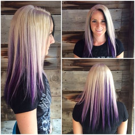 Hair Color Ideas Peekaboo Blondes, Blonde With Violet Underneath, Purple Panels In Hair, Blonde Hair With Dark Purple Underneath, Long Blonde Hair With Purple Underneath, Purple Black Blonde Hair, Platinum Blonde With Purple Underneath, Blonde With Peekaboo Color Purple, Purple Hair Ideas Blonde