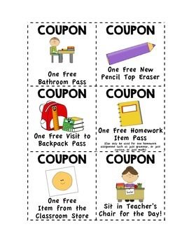 Make these coupon books to give out as Holiday Gifts for students or as a special incentive!  Or, use the coupons independently for your classroom management and/or behavior management Reward System.Coupons Include:1 Free Bathroom Pass1 Free New Pencil Top Eraser1 Free Visit to Backpack1 Free Homework Item1 Free Item from Classroom StoreSit in Teacher's Chair for the Day!Also included on the last page is an option to make cover pages for the tops of the Coupon Book.You might also like:Reward ... Holiday Gifts For Students, Classroom Coupons, Coupon Books, Classroom Store, Gifts For Students, Teaching Lessons, Reward Coupons, Reward System, Class Room