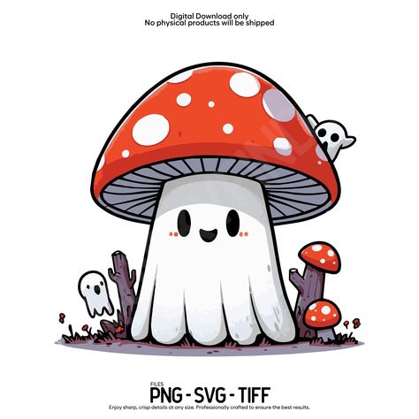 Spooky Mushroom Drawing, Cute Mushroom Character, Halloween Mushrooms, Mushroom Halloween, Minimalist Mushroom, Mushroom Ghost, Pumpkin Mushroom, Painted Bookmarks, Sticker Inspiration