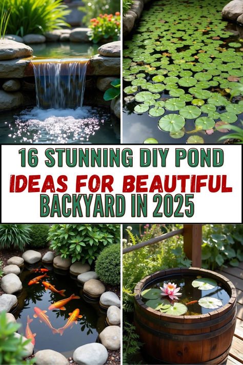 16 Stunning DIY Pond Ideas for a Beautiful Backyard in 2025 | A collage of breathtaking pond designs, including a cascading waterfall pond, lily pad-covered water garden, koi fish pond, and a charming barrel pond. Perfect inspiration for adding a peaceful and natural touch to any outdoor space! Diy Pond Ideas, Pond Inspiration, Container Pond, Ponds For Small Gardens, Goat Shelter, Diy Pond, Garden Ponds, Pond Liner, Koi Ponds