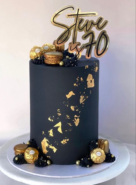 Birthday Cakes For Men 70th, Tall Birthday Cake For Men, Black And Gold Cakes For Men, Black And Gold Buttercream Cake, 70th Birthday Cake For Man, Black And Gold Birthday Cake Men, Guy Cake Ideas, Male 40th Birthday Cake, Black And Gold Cake For Men Birthday