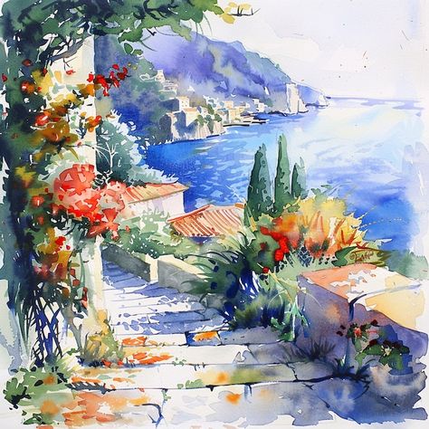 French Riviera Painting, Italian Buildings, France Painting, Forest Houses, French Buildings, Watercolour Landscape, Watercolor Architecture, Italian Landscape, The French Riviera