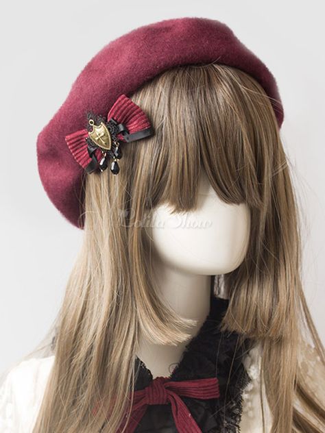 Classic Lolita Beret Wool Burgundy Lolita Hat - Lolitashow.com Kawaii Hat, Dance Costumes Hip Hop, French Hat, One Piece Jumper, Classic Lolita, Hat Beret, Feminine Fashion, Peinados Fáciles Para Cabello Corto, Retro Costume