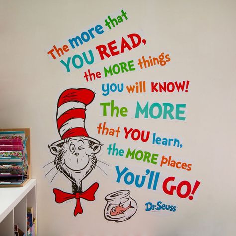 These bright, colorful wall clings are a great way to encourage students to read their hearts out! Featuring the Cat in the Hat along with motivational messaging, these classroom decorations can stick to doors, windows and other places to inspire kids to read more, learn more and grow more. Clings to most smooth surfaces and removes easily after use. Vinyl. (11 pcs. per set) 23 1/2" x 35" Only at OTC / TM & © 2023 Dr. Seuss Enterprises, L.P. All Rights Reserved. Dr Seuss Room Decor, Dr Seuss Classroom Theme Preschool, Dr Seuss Door Decorating Ideas Teachers, Dr Seuss Mural, Dr Seuss Classroom Door Decorations, Doctor Suess Classroom, Dr Seuss Classroom Theme, Dr Seuss Classroom Door, Dr Seuss Bulletin Board