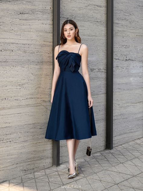 Lane JT--MACEDON Oversized Bow Midi Dress-- Midi Dress Dark Blue, Lane Jt Dress, Elegant Midi Dress Classy Simple, Bow Dresses Women, Elegant Midi Dress Classy, Midi Dress Outfit Classy, Korean Formal Dress, Midi Dress Classy, Simple Midi Dress