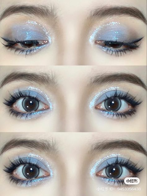 Shimmer Blue Eye Makeup, Fairy Godmother Makeup Cinderella, Blue Angel Makeup, Cinderella Make Up Ideas, Shimmery Blue Eyeshadow, Light Blue Sparkly Makeup, Mermaid Eyeshadow Looks, Powder Blue Eyeshadow, Light Blue Glitter Makeup