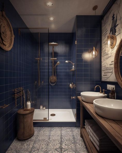 Futuristic Home Interior, Nautical Bathroom Ideas, Bathroom Inspiration Board, Blue Shower Tile, Bathroom Artwork Ideas, Mirror Ideas Bathroom, Closet Organization Bathroom, Accent Wall Bathroom, Navy Blue Bathrooms