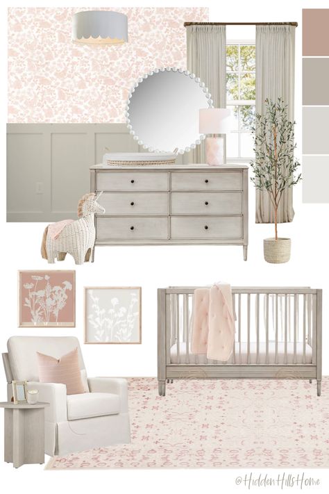 Cute baby girls nursery decor mood board with gray and pink tones! Nursery decor ideas for baby girl Sophisticated Girl Nursery, Gray Nursery Girl, Decor Mood Board, Pink Baby Room, Baby Girls Room, Girly Nursery, Girl Nursery Pink, Baby Nursery Inspiration