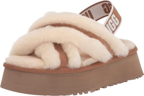 Amazon.com | UGG Women's Disco Cross Slide Slipper, Black, 5 | Slides Ugg Platform Slippers, Ugg Store, Ugg Boots Australia, Shearling Slippers, Brown Leather Ankle Boots, Ugg Slippers, Platform Slippers, Open Toe Shoes, Classic Boots