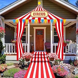 Fanfanwin 4 Pcs Halloween Circus Tent Decorations Carnival Entryway Door Party Decor Red and White Striped Awning Hanging Banner Aisle Runners Supply for Circus Theme Birthday Celebration (Stylish) Circus Themed Decorations, Scary Circus Theme Party, Scary Circus, Striped Awning, Halloween Circus, Entryway Door, Aisle Runners, Clown Halloween, Circus Theme Party