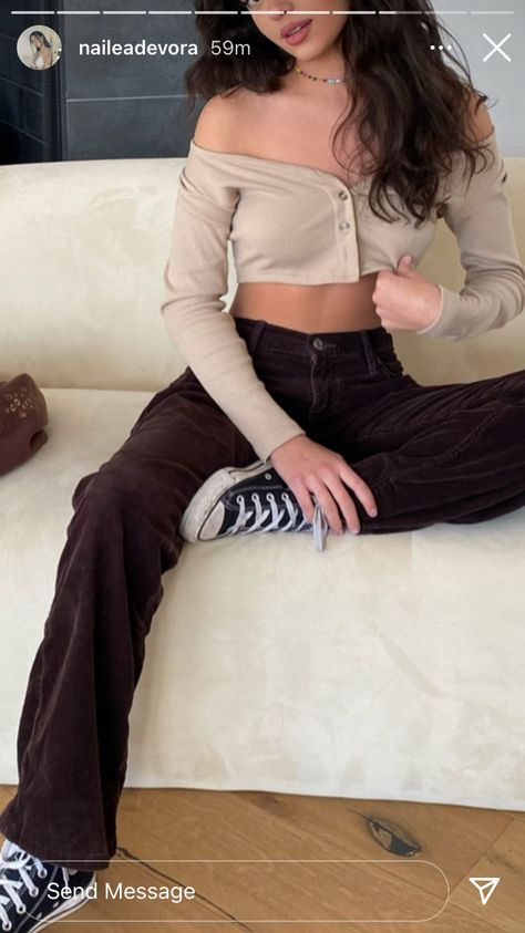 @naileadevora - a light tan long sleeve button up with long brown corduroy pants and black converse Brown Skirt Outfit, Brown Pants Outfit, Corduroy Pants Outfit, Future Outfit, Outfits With Converse, Which Is Better, Brown Pants, Swaggy Outfits, Basic Outfits