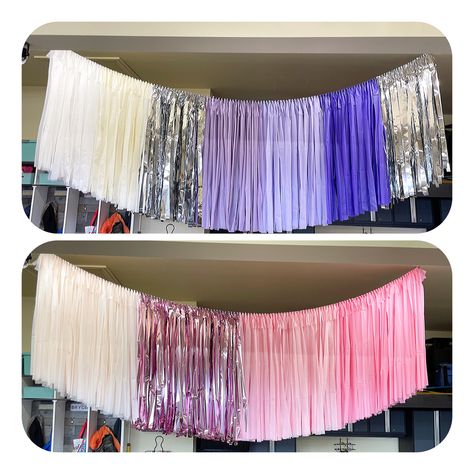 Ceiling Fringe, Fringe Ceiling, Ceiling Streamers, Vbs 2024, Fringe Backdrops, Colored Ceiling, Ceiling Installation, Plastic Tablecloth, Party Time