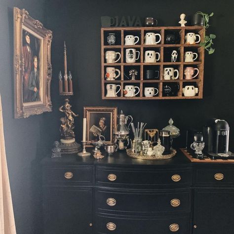 Brittany Elizabeth on Instagram: "The Halloween mugs have made their way out of the buffet, and I’ve already added some of my newest thrift finds from yesterday 👻🖤 . . . #coffeelover #coffeebar #coffee #coffeebardecor #mugshelf #mugshelfie #eclectichome #ghostmug #coffeemug #coffeemugsofinstagram #coffeemugs #mugcollection #mugcollector #thriftedhome #halloweenmugcollection #nespresso #halloweendecor @nespressousa @nespresso #thrifted #handmade #thrift #halloweencoffee #thriftedhomedecor Goth Kitchen Ideas, Gothic Kitchen Ideas, Gothic Bar, Farmhouse Throw Pillows, Home Accessories Ideas, Gothic Living Room, Spooky Kitchen, Outdoor Decor Ideas, Pillows Ideas