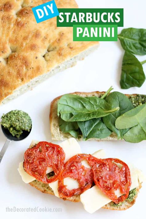 Make a homemade Starbucks panini with roasted tomatoes, pesto, spinach, and mozzarella cheese. A delicious lunch idea. Starbucks sandwiches. Starbucks Panini, Tomato Mozzarella Panini, Starbucks Sandwiches, Mozzarella Panini, Spinach Sandwich, Panini Recipe, Homemade Starbucks, Tomato And Mozzarella, Pesto Spinach