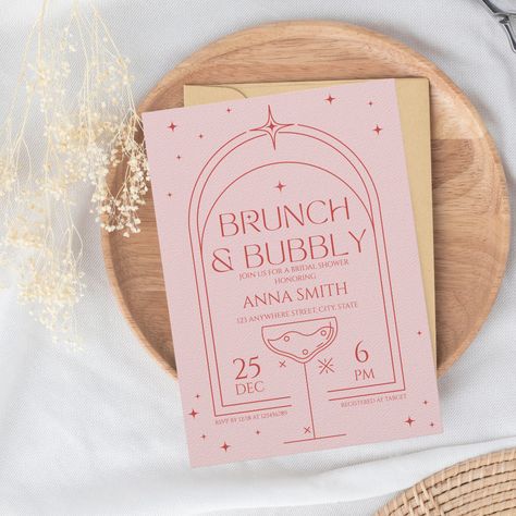 Brunch & Bubbly Retro Pink Red Bridal Shower Invitation Brunch And Bubbly Invitations, Brunch And Bubbly, Brunch Bubbly, Menu Designs, Birthday Brunch, Brunch Invitations, Bridal Shower Tea, Bridal Shower Brunch, Bridal Brunch