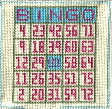 This was a coaster I made for the yahoo cross-stitch group I was in and I held a bingo game with DMC color instead of numbers. It was a fun few weeks as everyone drew up their own bingo cards and I drew colors every day. The coaster was the prize along with some DMC thread. Yes, I wrote a webpage to do the online bingo cards. Bingo Crafts, Bingo Bags, Women Cross Stitch, B Heart, Bingo Bag, Online Bingo, Bingo Sheets, Holiday Canvas, Crochet Xmas