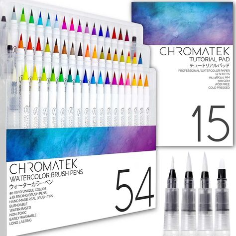 Amazon.com: CHROMATEK 54 Watercolor Pens Set | Including 15 Page Pad & Online Video Tutorial Series | 4 Aquapens & 50 Unique Colors | Real Brush Pens | Easily Blendable, Vivid, Smooth | Professional Art Supplies Chromatek Watercolor Pens, Watercolor Pens, Professional Art Supplies, Artist Tutorials, Watercolor Brush Pen, Brush Pens, Online Tutorials, Pen And Watercolor, Professional Art