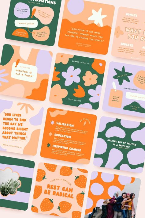 These Canva templates for Instagram include 20 beautiful templates for any type of business, niche and brand vibe. They also Include a demo video on how to customize them in Canva! These templates are designed to grow your Instagram engagement, come with trending layout styles and editable elements that you can mix and match. Canva Aura Elements, Yellow And Orange Branding, Grow Graphic Design, Fun Layout Design, Instagram Infographic Design, Instagram Branding Ideas, Moodboard Layout, Brand Layout, Beauty Branding Design