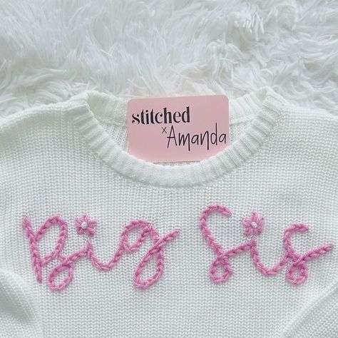 stitched x amanda on Instagram: "Big Sister Baby Sweater 💜🩷  . . . . . . . . #stitchedxamanda #babysweater #handembroidery #babygirl #babygift #bigsis #bigsister" Big Sister Sweater, Big Sister Embroidered Sweater, Sister Embroidery, Baby Name Embroidery Sweater, Big Sister Monogrammed Shirt, Big Brother Shirt Embroidered, Big Sis, Baby Sweater, Embroidered Sweater