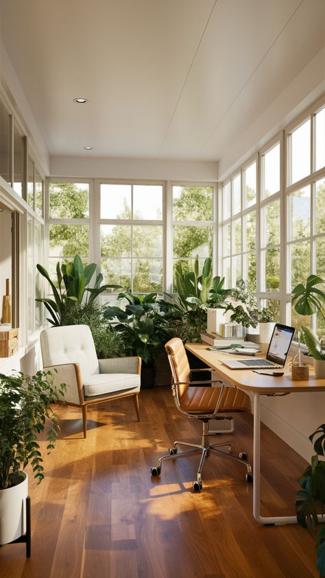 Transform your sunroom into a cozy home office with stylish decor and abundant natural light. Use comfy furniture and clever storage solutions for a functional and inviting workspace. #sunroom #cozyhomeoffice #officeinspo #homeofficedecor #naturalight #officeorganization #officecolors #homedécor #homeofficeideas #decoration Sunroom Desk Ideas, Modern Cozy Home Office, Studying In Nature Aesthetic, Sunroom With Office Space, California Casual Home Office, Cozy Office Interior Design, Atrium Office Design, Sunroom Office Ideas Layout, Light And Bright Home Office