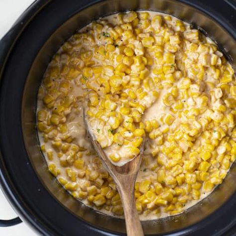 Crockpot Cheesy Corn - I Am Homesteader Crockpot Cheesy Corn, Cheesy Corn Recipe, Scalloped Potatoes Crockpot, Crock Pot Corn, Homemade Cream Corn, Hog Roast, Cream Cheese Corn, Cheesy Corn, Easter Side Dishes