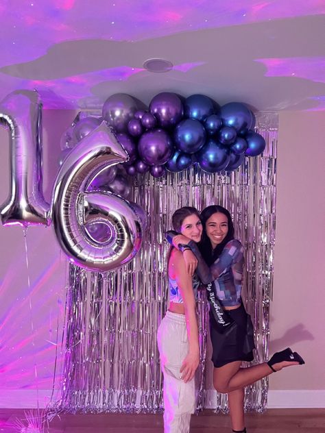 Purple Sweet 16 Aesthetic, 16 Birthday Party Ideas Purple, Sweet 16 Photoshoot With Friends, Sweet 16 Party Ideas Purple, Aesthetic Sweet 16, Sweet 16 Pool Parties, Sweet 16 Purple, 28th Birthday Ideas, Purple Sweet 16