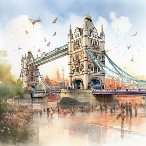 London Watercolor Illustration, London Watercolor Paintings, London Watercolor, London Drawing, London Tourist, London Painting, Watercolor Paintings Nature, Pastel Poster, Most Paused Movie Scenes