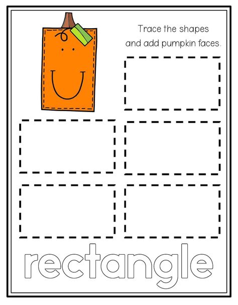 Pumpkin Shape Tracing - Preschool Mom Pumpkin Shape Tracing, Rectangle Worksheets For Preschool, Fall Shape Craft, Rectangle Worksheet Preschool, Rectangle Worksheet, Pumpkin Tracing, Shapes Preschool Printables, Tracing Preschool, Halloween Shapes