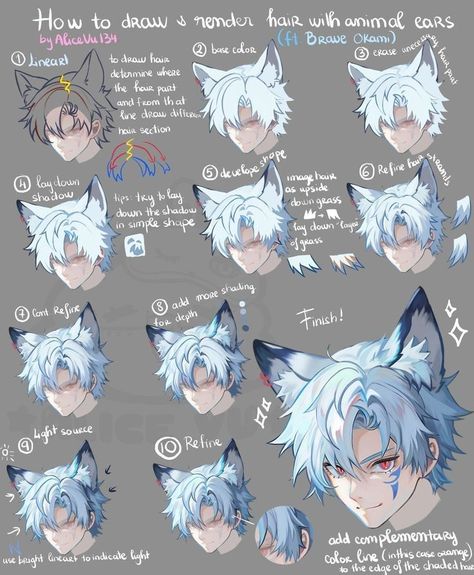 Digital Art Coloring Tutorials, Anime Coloring Tutorial, Animal Ears Drawing, Hair Rendering Tutorial, Render Hair, Hair Rendering, Rendering Tutorial, Digital Art Beginner, Digital Painting Tutorials