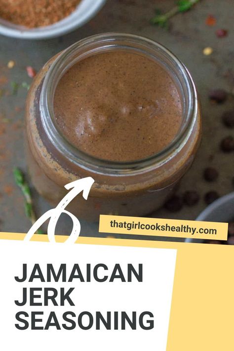 Jar of Easy Jamaican Jerk Seasoning on a baking tray. Jerk Paste, Jerk Seasoning Recipe, Caribbean Drinks, Jamaican Jerk Seasoning, Haitian Food Recipes, Paste Recipe, Jamaican Jerk, Jerk Seasoning, Gluten Free Sugar Free