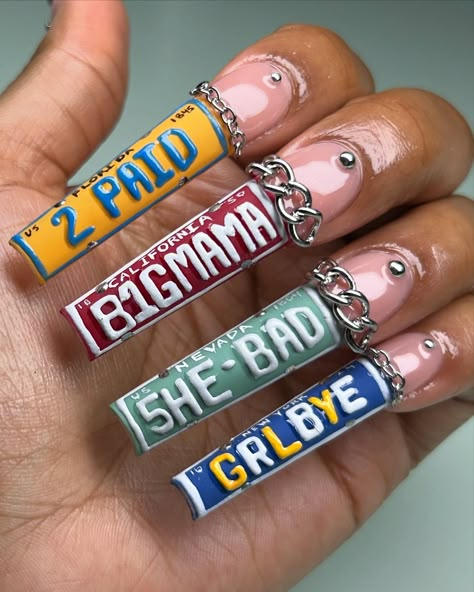 Nails by Crystal B. | Licensed Las Vegas Nail/Toe Tech | 🔥License Plates 🍽️ SWIPE FOR INSPO ‼️TUTORIAL IS NOW UP ON MY PAGE‼️ { TAG @latto } @vbeautypure Gel Colors |... | Instagram Vegas Nails, Fye Nails, Long Acrylic Nail, Punk Nails, Hard Nails, Short Square Acrylic Nails, Baddie Nails, Exotic Nails, Long Square Acrylic Nails