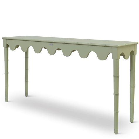 Painted Wood Console Table, Scalloped Console Table, Beach House Furniture Ideas, Scallop Table, Scalloped Table, Painted Console Table, Green Console Table, Regency Architecture, North Carolina Furniture