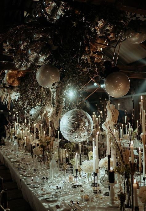 Candles And Disco Balls, Balloons And Disco Balls, Disco Reception Decor, Luxe Disco Wedding, Classy Disco Ball Decor, Dark Disco Wedding, Disco Ball Party Aesthetic, Wedding Disco Theme, Discoball Wedding Tables