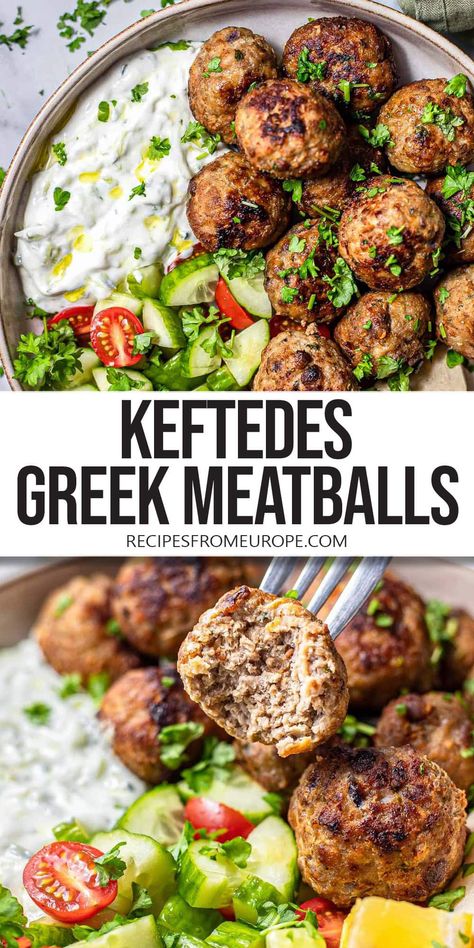 Want to make delicious Greek meatballs? Known as Keftedes, these seasoned meatballs are fried to perfection and make a great appetizer! Greek Beef Meatballs, Greek Beef Recipes, Greek Meatballs Recipe, Kofta Meatballs, Lamb Meatballs Greek, Greek Night, Greek Recipe, Greek Appetizers, Sausage Meatballs