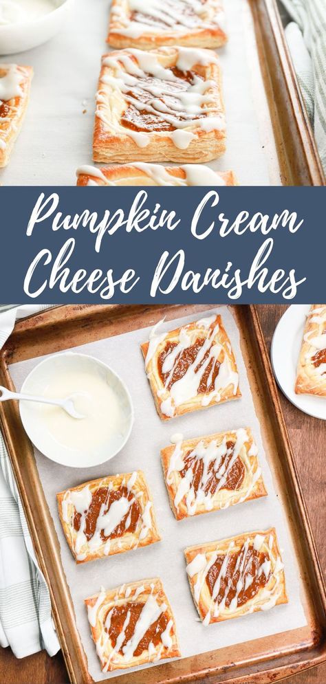 Pumpkin cream cheese danishes on a parchment paper lined baking sheet. Danishes Recipe, Pumpkin And Cream Cheese, Cream Cheese Danishes, Cheese Danishes, Puff Pastry Recipes Dessert, Cream Cheese Puff Pastry, Cheese Danish Recipe, Apple Cream Cheese, Cream Cheese Pastry