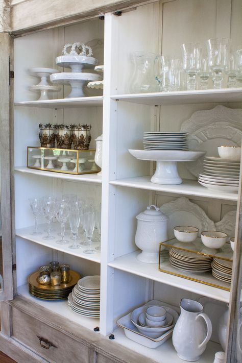 How to style your china cabinet China Cabinet Set Up, How To Style Buffet Cabinet, How To Store Serving Platters, How To Display Glassware, How To Display Dishes In China Cabinet, How To Style China Cabinet, How To Display China In Cabinet, China Cabinet Organization, Dish Display Cabinet