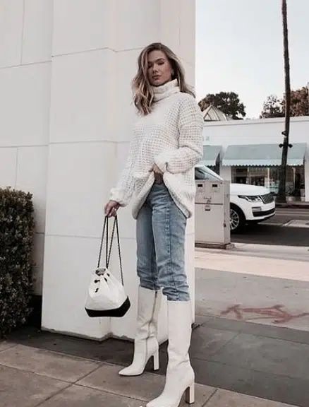 20 Best White Boot Outfit Ideas for Winter Jeans And White Boots Outfit, Skirt And White Boots Outfit, Cream Cowboy Boots Outfit Winter, Winter White Cowboy Boots Outfit, Cream Knee High Boots Outfit Winter, Outfits With White Boots Fall Fashion, Tall White Boots Outfit Winter, Winter White Boots Outfit, Outfits With Tall White Boots