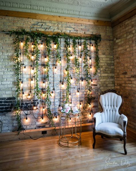 Brick Room Wedding Reception, Unique Event Space Ideas, Venue Space Ideas, Brick Wall Head Table Backdrop, Wedding Venue Wall Decor, Wedding Reception Brick Walls, Industrial Loft Wedding Decor, Venue Space Design, Wedding Venue Accent Wall