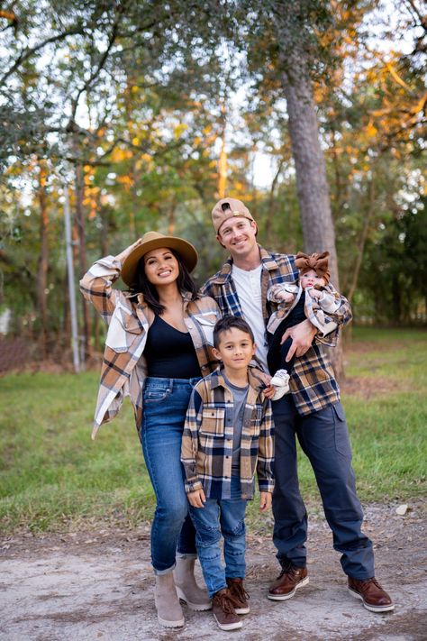 fall family outfits, matching outfits, family style, family outfits Family Of 3 Matching Outfits, Brown Plaid Family Pictures Outfits, Pumpkin Patch Outfits Family, Cute Fall Outfits For Family Pictures, Family Holiday Card Outfit Ideas, Fall Matching Outfits For Family, Matching Thanksgiving Outfits Family, Fall Family Photos Sunflower Field, Thanksgiving Family Outfits Ideas