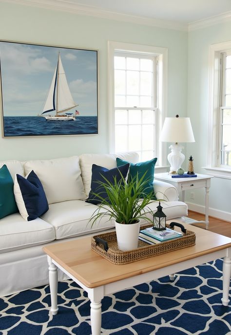 Coastal Style Decorating ideas, Coastal Style Decorating Decorating With Teal, Beachy Paintings, Modern Coastal Living Room, Room On A Budget, Coastal Style Decorating, Teal Pillows, White Sofa, Coastal Living Room, Room Remodel