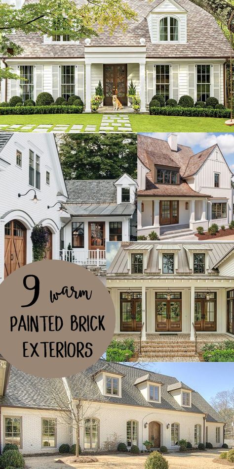 French Country Exterior Paint Colors, Beautiful Farmhouse Exterior, Modern French Country Exterior, White Brick House Exterior, White Painted Brick Exterior, Brick Farmhouse Exterior, French Country House Exterior, Painted Brick House Exterior, Brick Finish