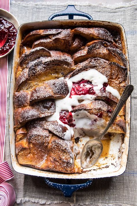 Baked Cinnamon Crème Brûlée French Toast with Raspberry Preserves. - Half Baked Harvest Crème Brûlée French Toast, Brulee French Toast, Xmas Brunch, Cottage Recipes, Creme Brulee French Toast, Half Baked Harvest Recipes, Baking Breakfast, Raspberry Preserves, Breakfast And Brunch