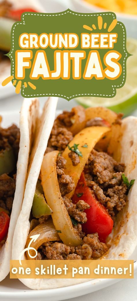 Ground Beef Fajitas are an easy ground beef dinner recipe perfect for those busy weeknights! Seasoned ground beef with homemade fajita seasoning and fajita veggies cook in one skillet pan for an easy dinner that's ready in 30 minutes. Ground Beef Fajitas Recipes, Hamburger Fajita Casserole, Beef Fajita Casserole Recipe, Ground Turkey Fajitas, Best Beef Fajita Recipe, Hamburger Fajitas Ground Beef, How To Season Beef Fajitas, Fahijatas Recipe, Ground Beef Fajitas