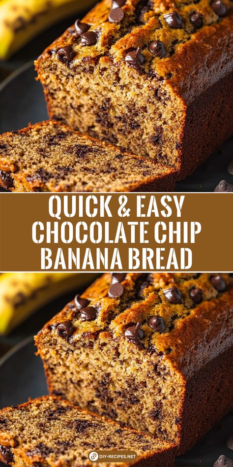 Try this quick and easy chocolate chip banana bread recipe! Moist, sweet, and packed with mini chocolate chips, perfect for a simple treat. 2 Bananas Banana Bread Chocolate Chips, Easy Chocolate Chip Bread Loaf, Easy Banana Bread Recipe Chocolate Chips, Chocolate Banana Cake Recipe Easy, Easy Bananna Bread, Banana Bread Recipe Mini Loaves, Banana Bread Recipe With Chocolate Chips, Banana Bread Chocolate Chip Recipe, Quick Banana Bread Easy