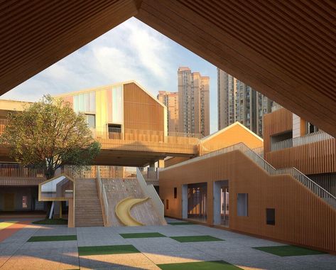 Urban Village, Facade Material, Kindergarten Design, Outdoor Classroom, Construction Drawings, Education Architecture, Natural Ventilation, Personality Development, Chongqing