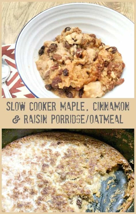 Slow Cooker Maple, Cinnamon and Raisin Porridge/Oatmeal - warm up this fall and winter with a delicious and wholesome bowl of porridge or oatmeal baked overnight in your slow cooker with maple syrup, cinnamon and raisins via @bakingqueen74 Slow Cooker Porridge Overnight, Slow Cooker Porridge, Slow Cooker Oats, Oatmeal Baked, Slow Cooker Oatmeal, Easy Overnight Oats, Vegan Slow Cooker, Breakfast Porridge, Slow Cooker Breakfast