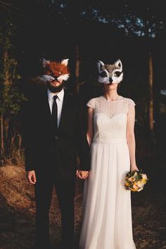 Chris and I don't necessarily want to wear animal masks, but I do have fairy wings, and seashell crowns that might add a whimsical touch to our shoot. It might be nice to start the shoot with the added props, and then finish with champagne shower. Wes Anderson Wedding, Wes Anderson Inspired, Wes Anderson Style, Arte Occulta, Fox Wedding, Barcelona Wedding, Hipster Wedding, Unconventional Wedding, Goth Wedding