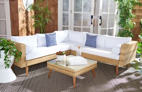 George Oliver Chicago Outdoor 4 Piece Sectional Seating Group with Cushions | Wayfair Safavieh Furniture, Corner Piece, Wicker Sectional, Patio Sectional, White Cushions, Conversation Set Patio, Outdoor Sectional, Nebraska Furniture Mart, Mid Century Style